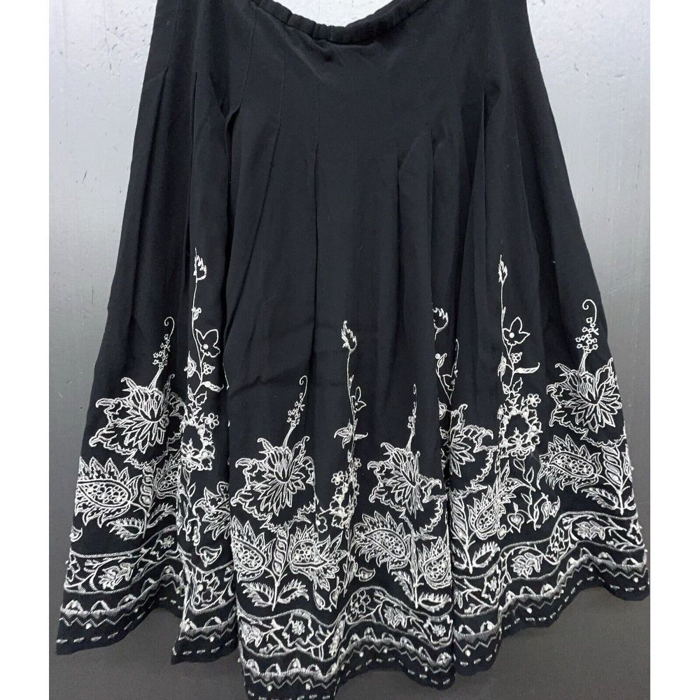 Marisa Christina Skirt 6 Black Embroidered A Line Flare Midi Pleated Boho Career